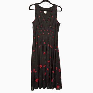 Anne Klein Black Floral Midi Dress Size 12 Sleeveless V Neck Fit Flare